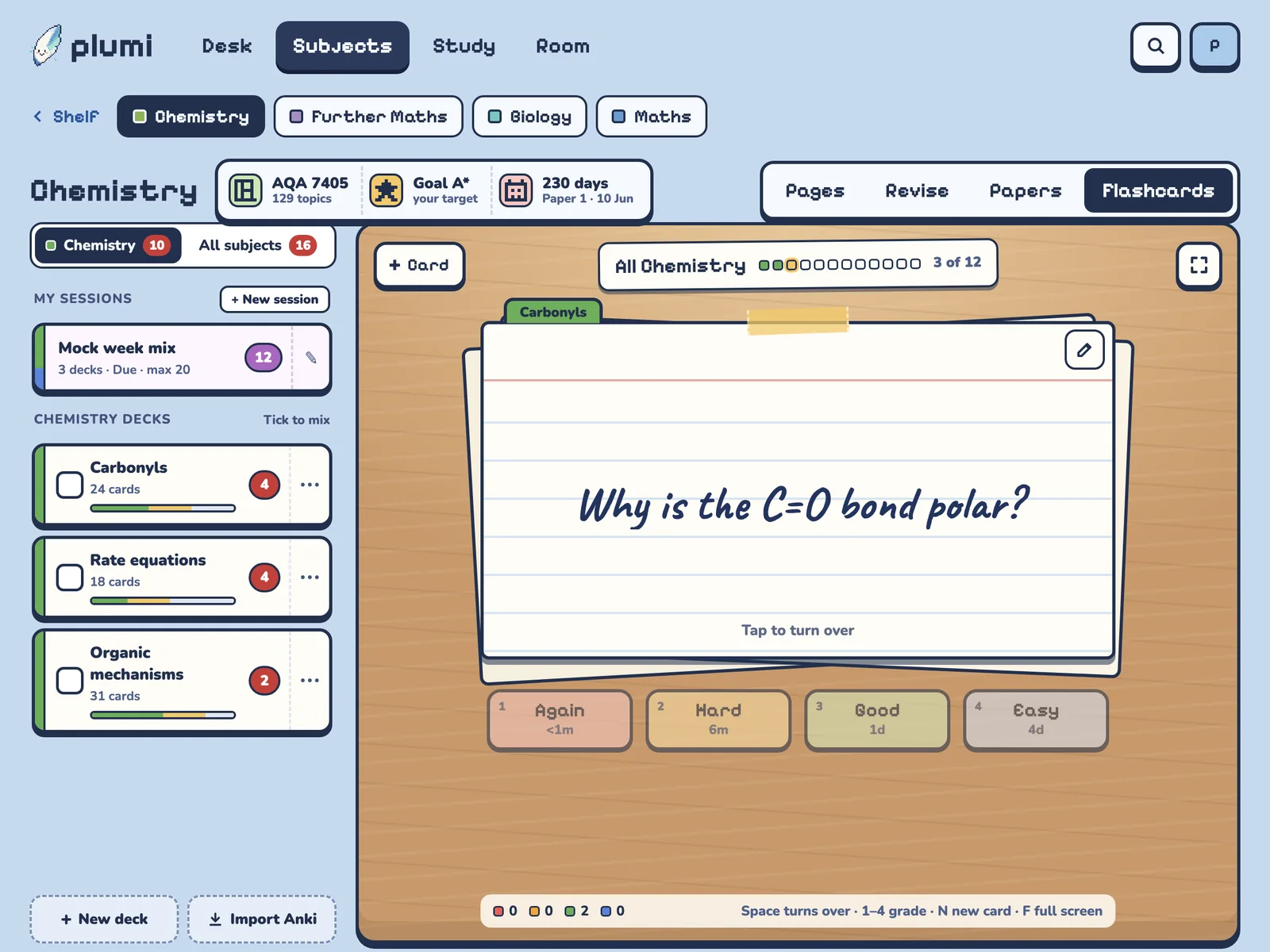Plumi's flashcards: a chemistry card asking why the C=O bond is polar, with Again, Hard, Good and Easy buttons, and their decks listed beside it.