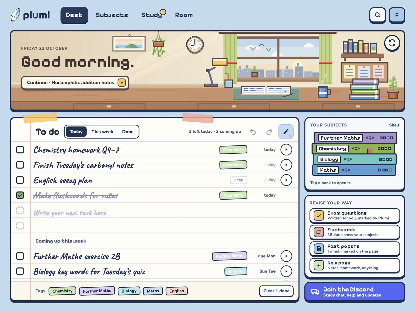 Plumi's Desk on iPad: a good-morning greeting, today's to-do list with homework and revision tagged by subject, their subjects as books on a shelf, and four ways to revise.
