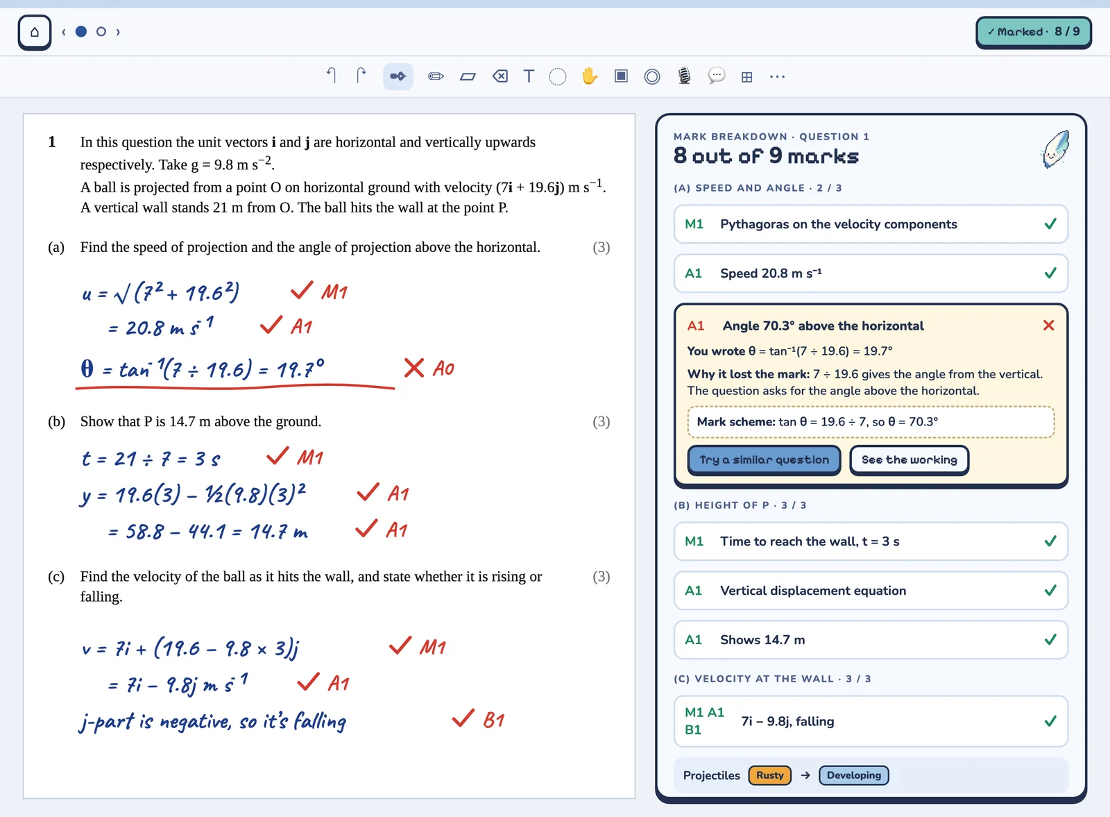 A marked answer in Plumi beside its mark breakdown: 8 out of 9 marks, each mark listed with whether it was awarded, and why the angle mark was lost.