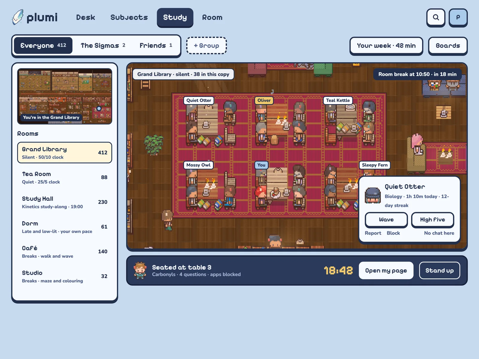 Plumi's Grand Library: students studying at tables in a pixel library, a list of rooms, and the student's own seat and timer.