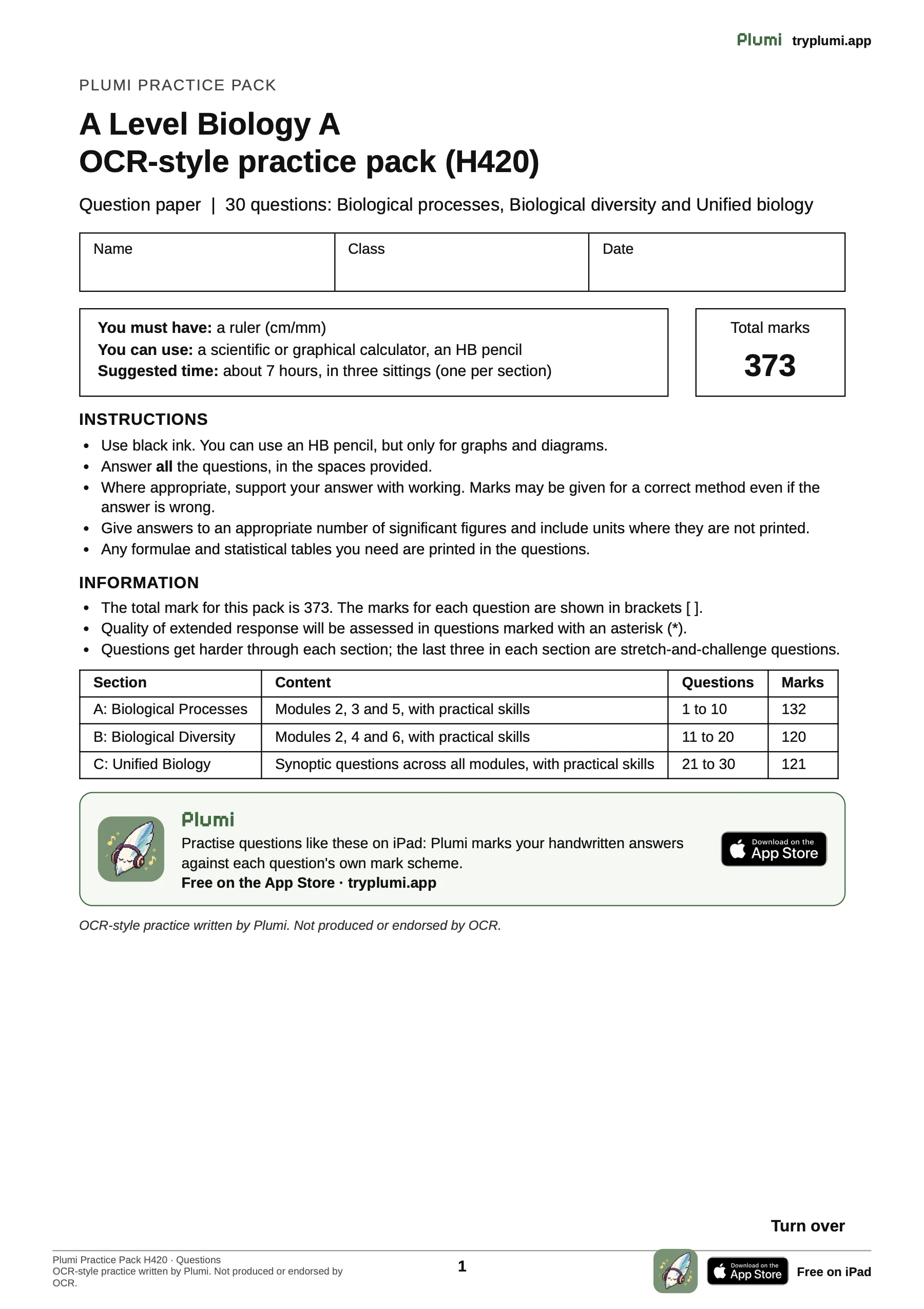 The cover of Plumi's OCR-style A-Level Biology A (H420) practice pack: 30 questions, 373 marks, in three sections.