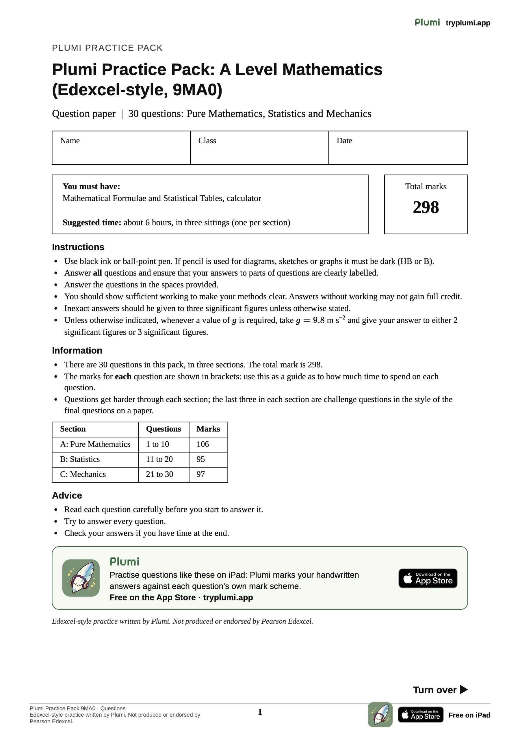 The cover of Plumi's Edexcel-style A-Level Maths (9MA0) practice pack: 30 questions, 298 marks, in three sections.