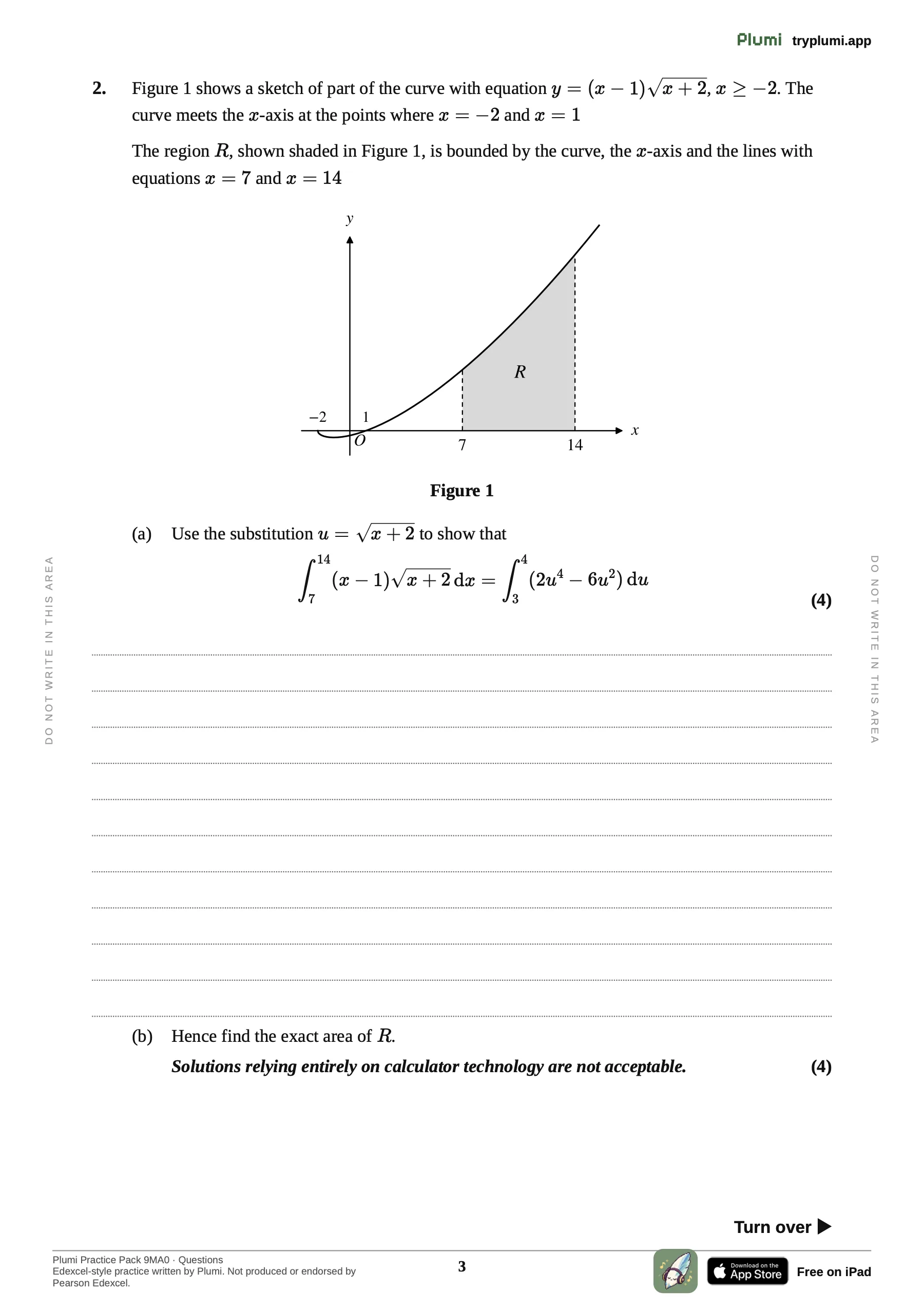 A page of the question paper: Question 2: integration by substitution, with its figure.
