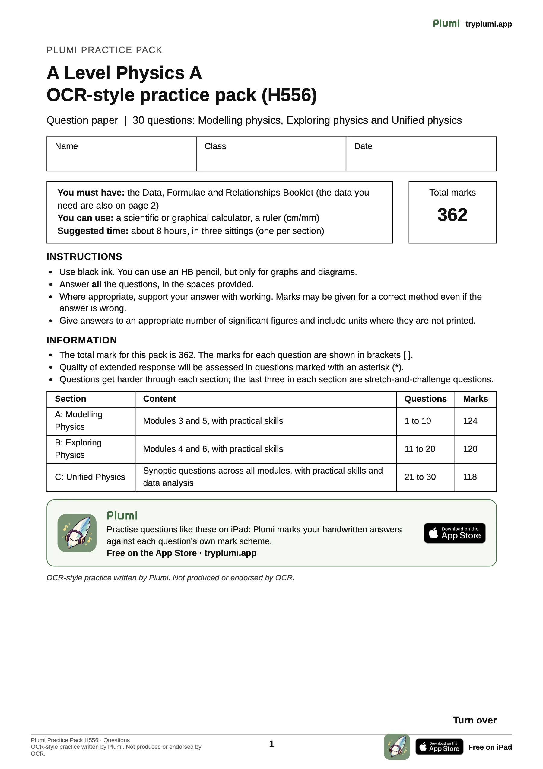 The cover of Plumi's OCR-style A-Level Physics A (H556) practice pack: 30 questions, 362 marks, in three sections.