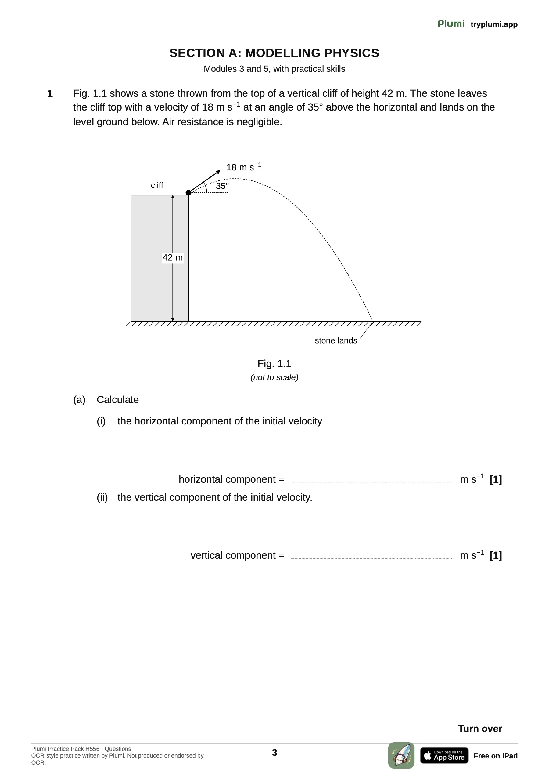 A page of the question paper: Question 1: projectile motion from a cliff top, with its figure.