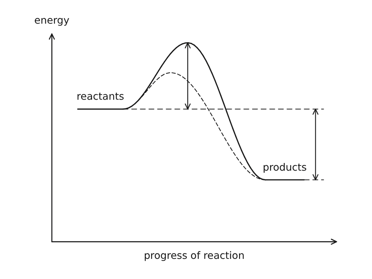 A reaction profile from a Plumi Chemistry question: energy against progress of reaction, with the uncatalysed and catalysed routes and the activation energy marked.