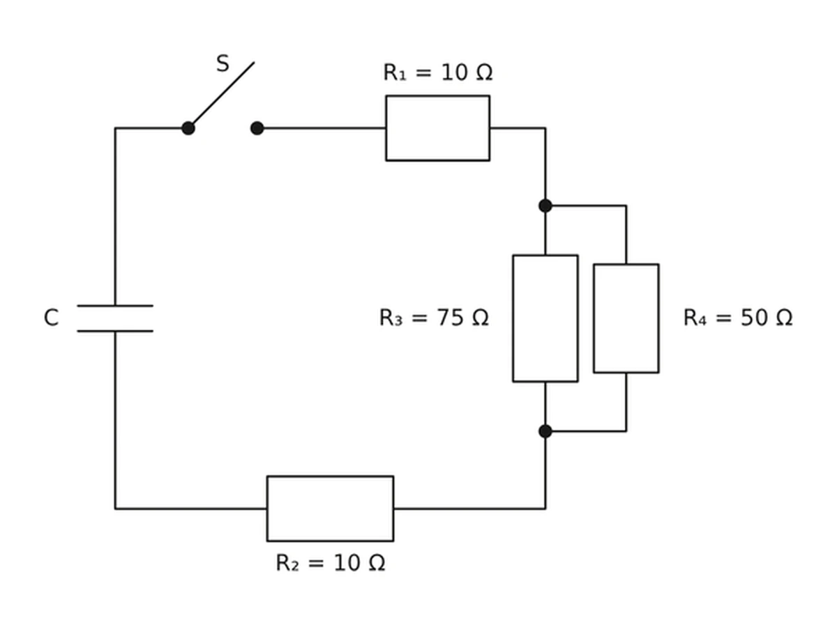 A circuit with a capacitor, a switch and four resistors.