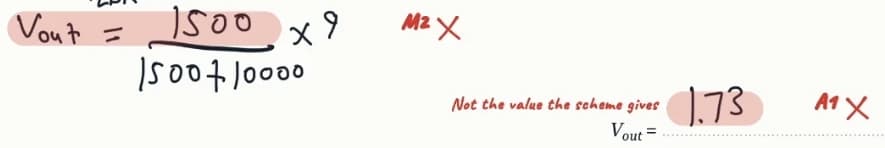 Close up of a handwritten Physics answer marked by Plumi: M2 crossed on the working and A1 crossed on the final value.